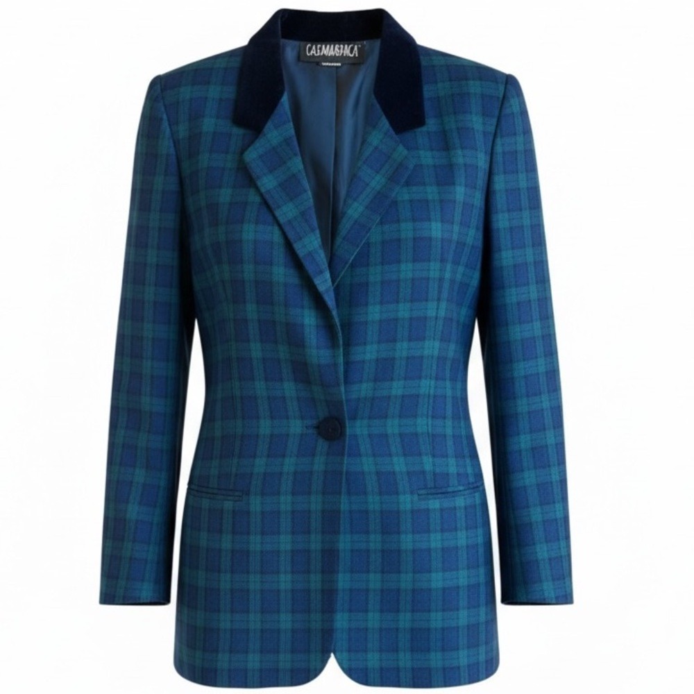 Vintage Casablanca Blue and Green Plaid Blazer Velvet Collar | Preppy Academia